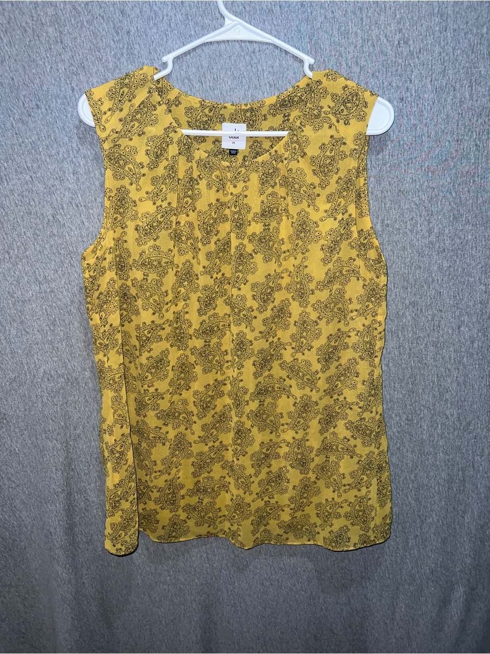 CAbi Yellow Sleeveless Blouse with Black Paisley Print
